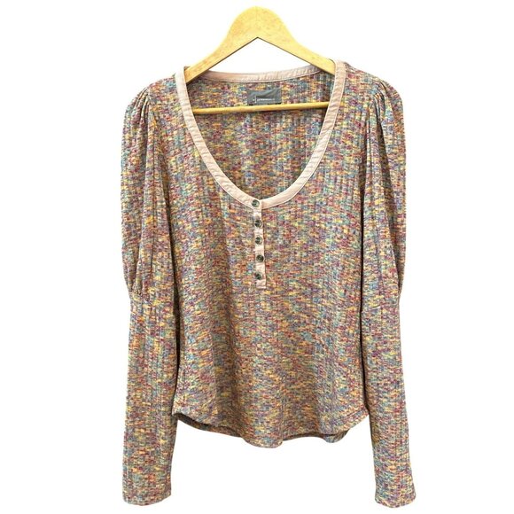 By Anthropologie Multicolor Long Sleeve Textured Henley Puff Sleeve Top Medium - Picture 1 of 6